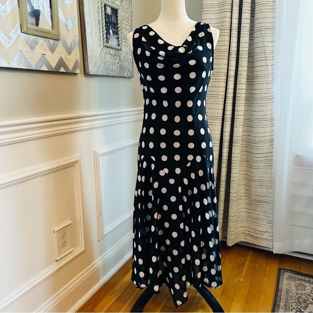 Lennie for Nina Leonard Black & White Polka Dot Cowl Neck Kentucky Derby Dress